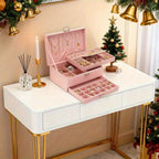 Caja Organizadora de Joyas de 3 Niveles con Cerradura de Llave - Compartimentos Forrados en Terciopelo Suave, Ideal para Aretes, Collares, Pulseras, Anillos - Caja de PU en Tono Pastel, Diseño Retro, Regalo Perfecto para (Navidad, Bodas), Cajas de Joyería