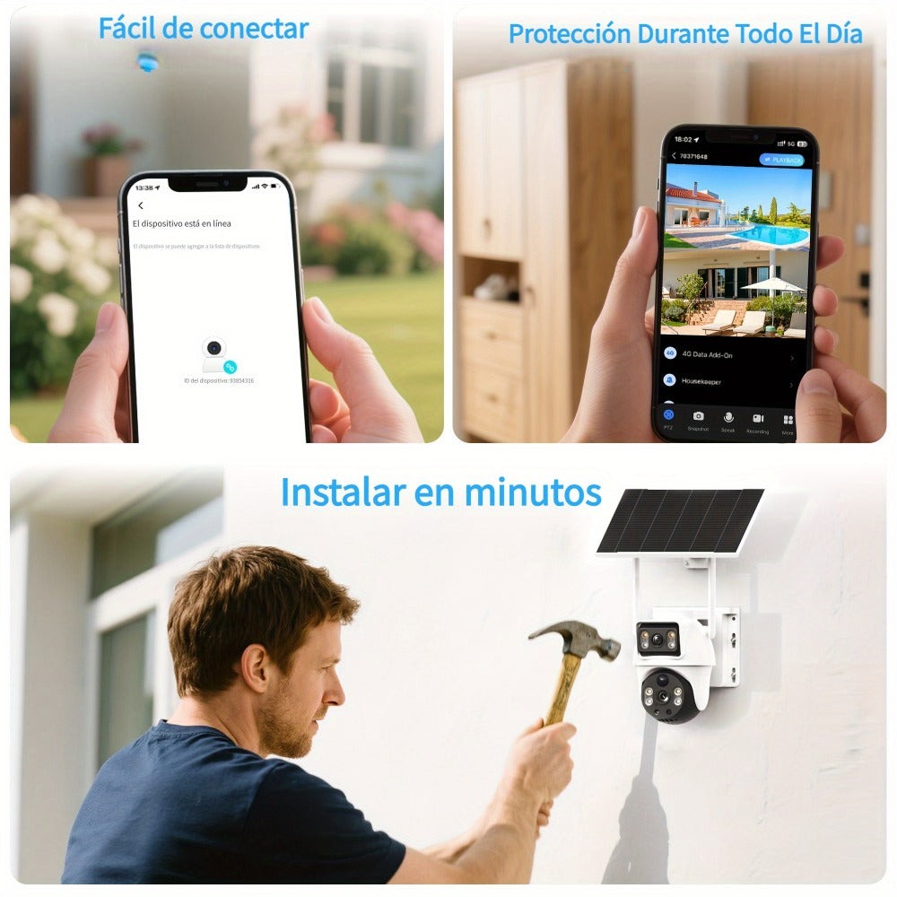 XIAOVV Cámara de Seguridad Solar de Doble Lente de 8MP, Alimentada por Batería, Conexión Wifi 2.4G, Visión Nocturna a Color, Seguimiento Automático de Humanos, Audio Bidireccional, Cámara de Vigilancia Inalámbrica PTZ para el Hogar con Rotación Horizontal