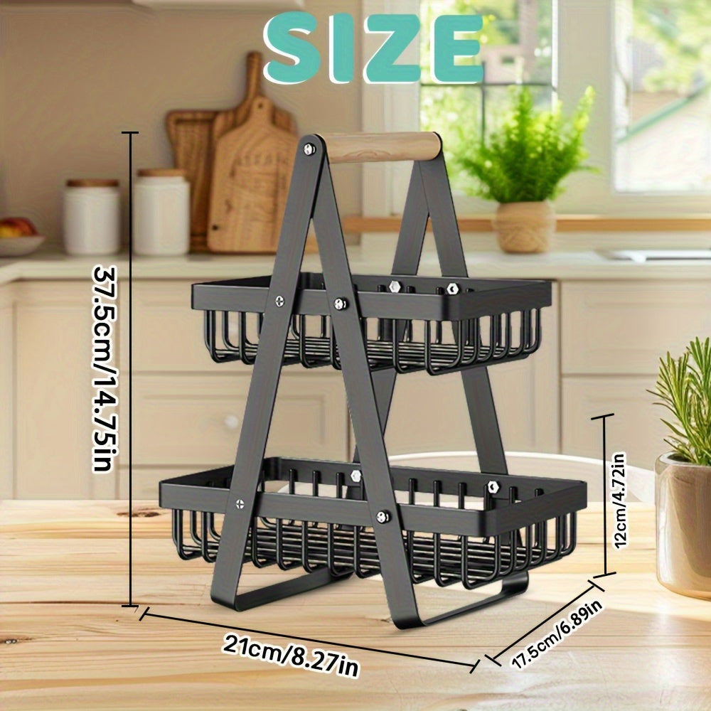 1 Cesta de Almacenamiento de Frutas de Metal de Múltiples Niveles con Asas de Madera - 2 Niveles para Frutas, Verduras y Especias - Soluciones Modernas de Almacenamiento para Cocina, Baño y Hogar, Cesta de Frutas