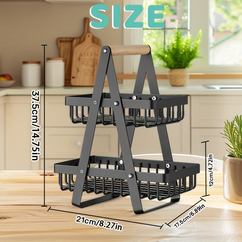 1 Cesta de Almacenamiento de Frutas de Metal de Múltiples Niveles con Asas de Madera - 2 Niveles para Frutas, Verduras y Especias - Soluciones Modernas de Almacenamiento para Cocina, Baño y Hogar, Cesta de Frutas