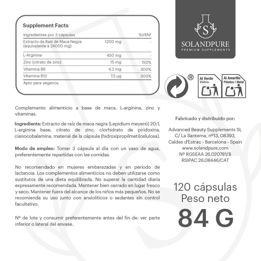 Maca Negra Complex – 120 Cápsulas Vegetales | Calidad Premium Solandpure®