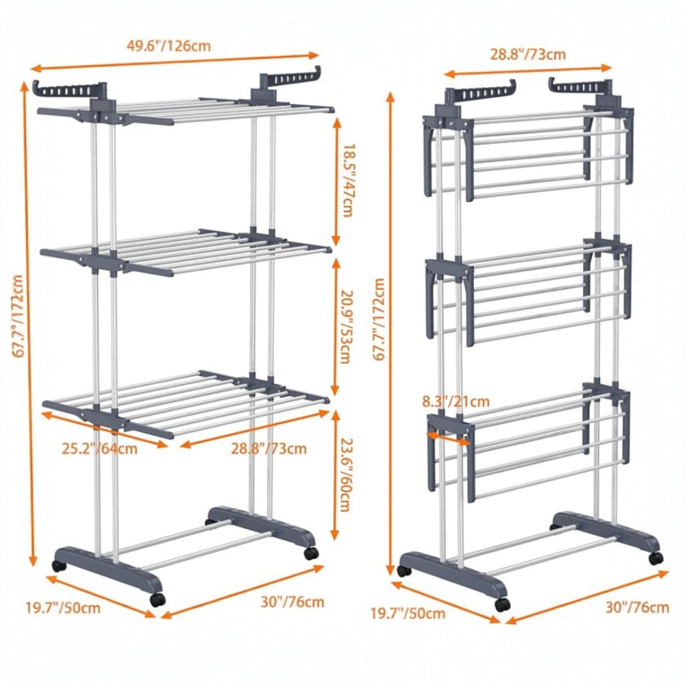 Tendedero de ropa, 4 Niveles Tendederos Plegables Vertical con Ruedas Amplio Espacio de Secado Tendederos, Acero Inoxidable Tendal para Exterior y Interiores