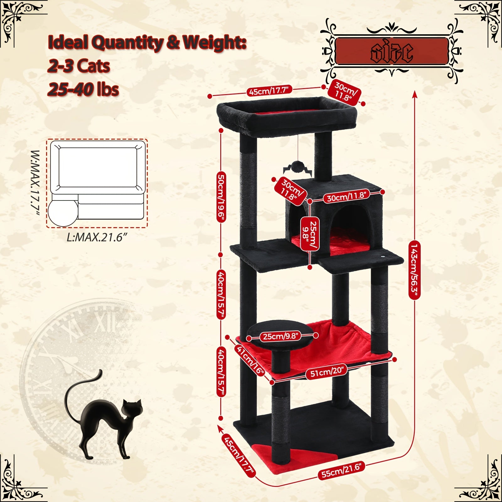 Árbol para Gatos de 143 cm de Altura, Torre Multinivel con Hamaca Extra Grande, Postes de Rascado Cubiertos de Sisal, Condominio Acogedor y Plataforma Superior
