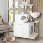 Árbol para Gatos con Armario de Letrero, Armario para Gatos, Casa Moderna 4-en-1 con Plataforma Grande, Casa para Gatos con Alfombra Rascadora de Sisal, Postes y Pompones, Cojines Lavables