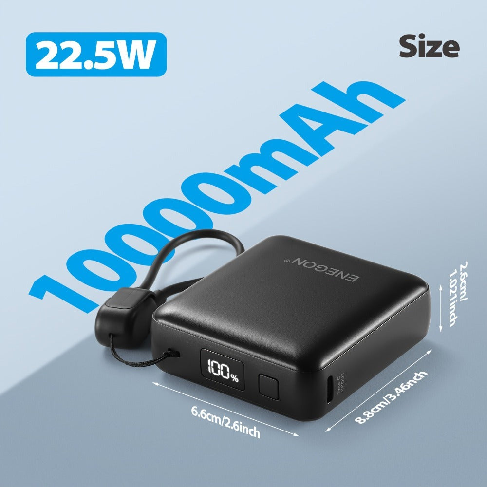 Banco de energía mini ultracompacto de 22.5W y 10000mAh con cable USB-C incorporado, cargador portátil con pantalla digital LED, paquete de batería de carga rápida para iPhone 16/15/14/13 Pro/Samsung/teléfono Android, batería externa de respaldo de tamaño
