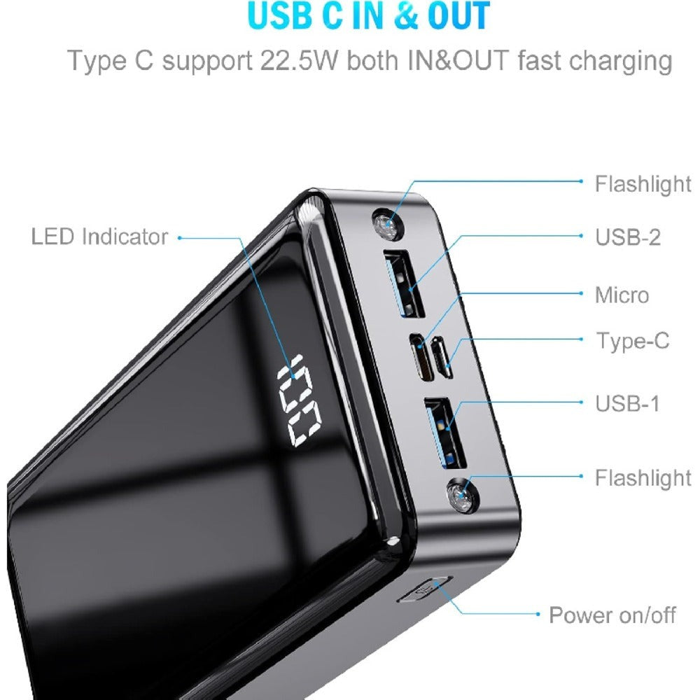 Batería Externa de Gran Capacidad 24000mAh/20000mAh, Pantalla LED de Energía, Carga Rápida Tipo-C, Interfaz USB/Micro, Banco de Energía de Carga Súper Rápida, Adecuada para Cargar Teléfonos de Todas las Marcas, Batería de Emergencia Portátil para Exterior