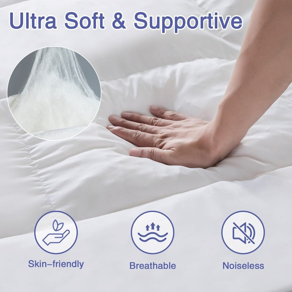 Cubrecolchón de 10 cm de calidad premium 1000 GSM, ultra suave, transpirable y cómodo para todas las estaciones, fácil de cuidar, lavable a máquina, con fuertes bandas elásticas, relleno de microfibra suave y cubierta 100% de microfibra, transpirable