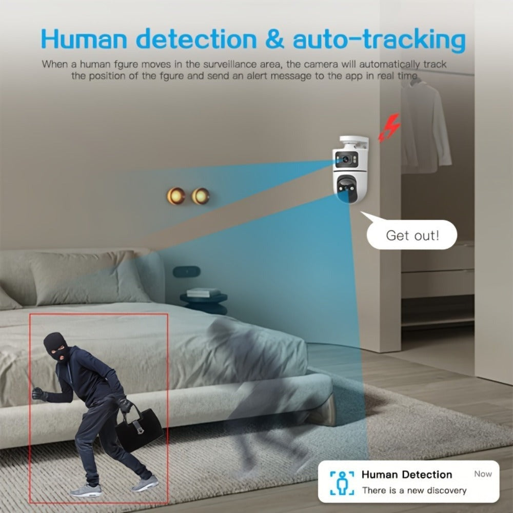 Cámara IP Inalámbrica de Doble Lente, Cámara de Seguridad PTZ para Exteriores con WiFi 2.4G, Pantalla Dual, Seguimiento Automático, Visión Nocturna, Audio Bidireccional, Detección de Movimiento para Seguridad en Hogar, Calle y Monitoreo