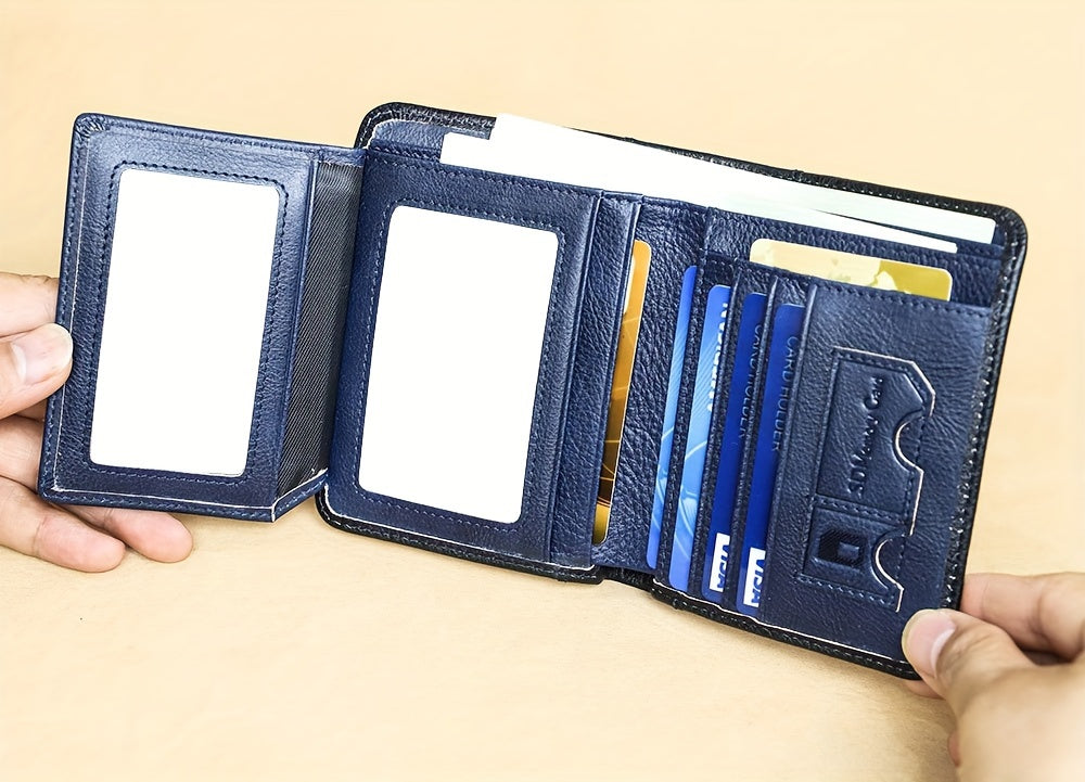 Cartera de Cuero Genuino para Hombre con Juego de Tarjetas de Bendición, Bloqueo RFID, Ultra Delgada, Piel de Vaca de Primera Calidad, Porta Tarjetas de Identificación y Crédito Multifuncional Compacto, Regalo para Navidad, Día de San Valentín y Día del P