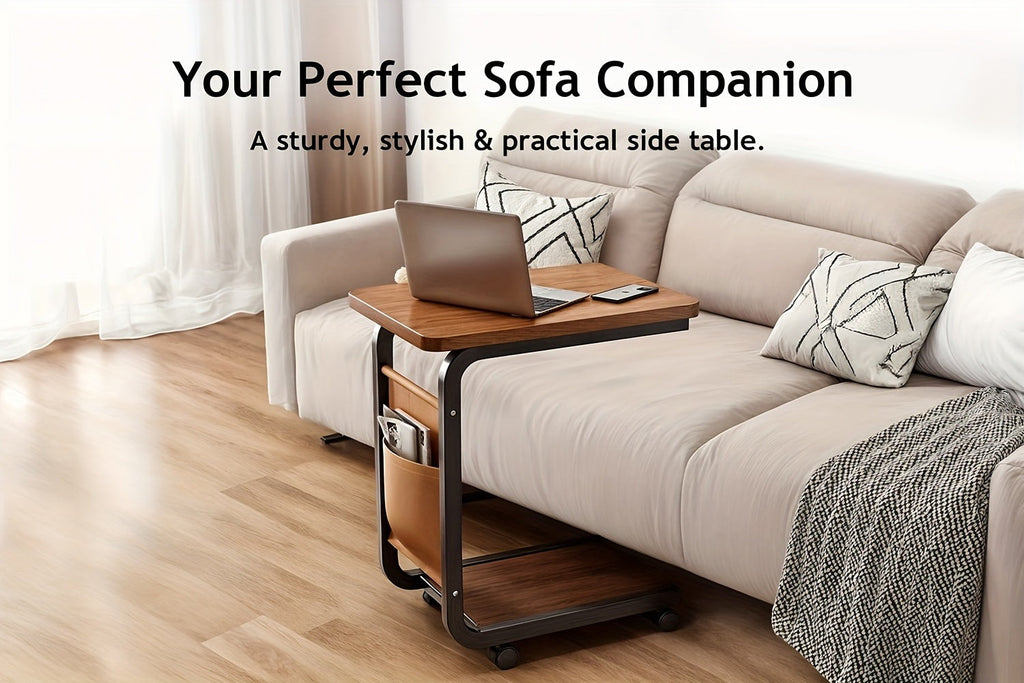 Mesa Auxiliar de Sofá de Doble Capa, Mesa de Sofá Compacta que Ahorra Espacio, Mesa Rodante con Bolsillo Lateral, Adecuada para una Sala de Estar con Ruedas Giratorias de 360 Grados en un Diseño en Forma de C
