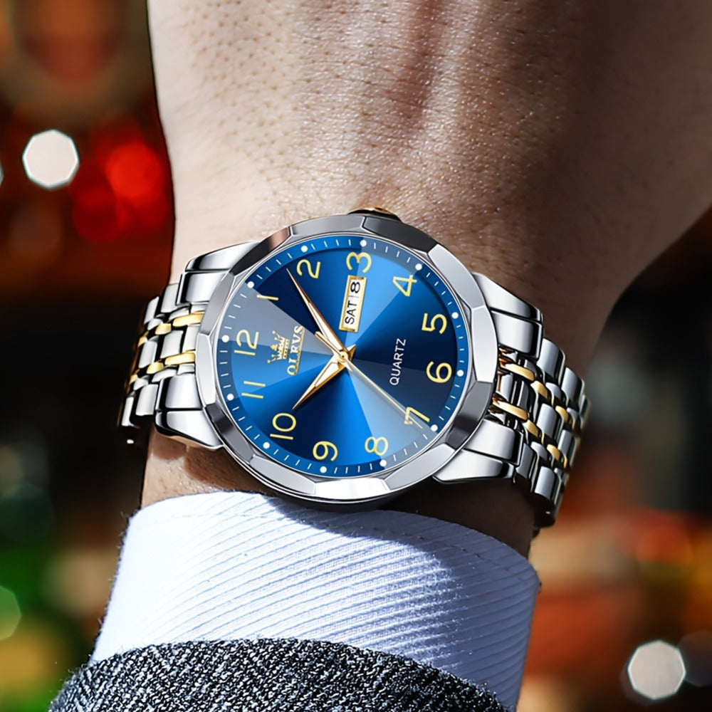 Reloj Luminoso OLEVS para Hombres con Fecha - Reloj de Vestir Analógico/Digital, Manecillas Luminosas e Indicador de Fecha, Reloj de Acero Inoxidable Minimalista para Negocios y Atuendos Informales - Esfera Azul/Negra/Blanca, Regalo Ideal de Navidad para