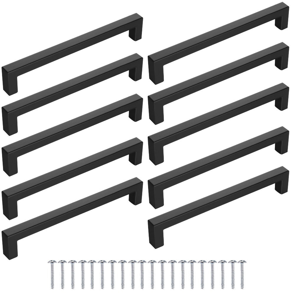 Juego de 10 Tiradores Negros Mate para Muebles, Diseño Cuadrado, Distancia de Agujeros de 128 mm, 160 mm, Modernos y Estéticos para Gabinetes y Cajones, Ideal para Cocina, Baño y Sala – Incluye Tornillos