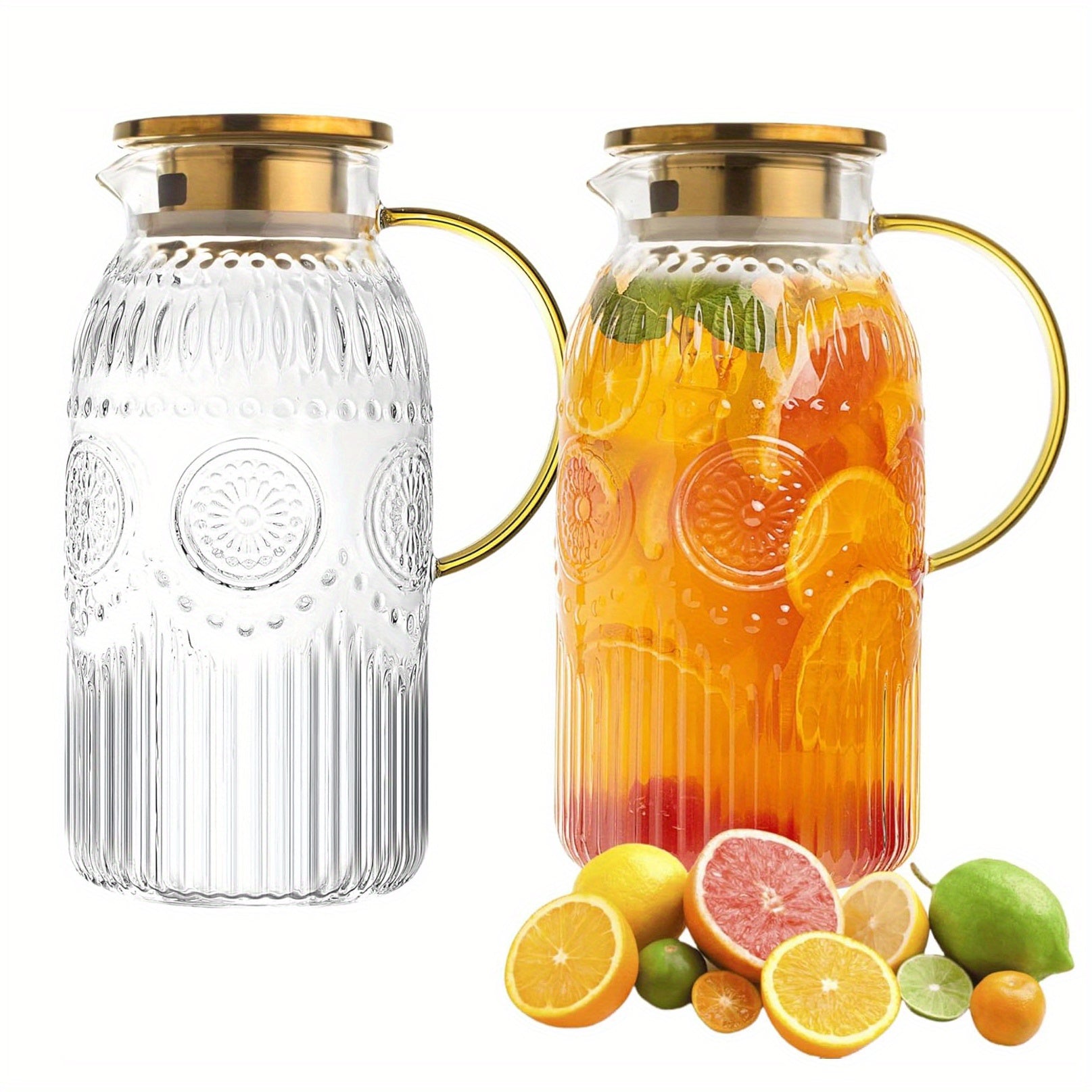 Bandesun 1/2 piezas Jarra de Vidrio con Tapa, 68Oz/2 Litros Jarra de Agua Vintage, Jarra de Agua de Vidrio para Infusión Fría, Café, Limonada, Té Helado, Bebida, Jarra de Vidrio Resistente al Calor, Jarra para Servir Bebidas, Dispensador de Bebidas, Diseñ