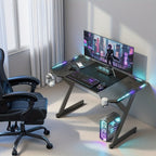 Escritorios de oficina y estaciones de trabajo para computadora con luces LED, escritorio ergonómico para gaming con superficie de fibra de carbono, estación de trabajo robusta para PC para hogar/oficina con gancho para auriculares, portavasos,