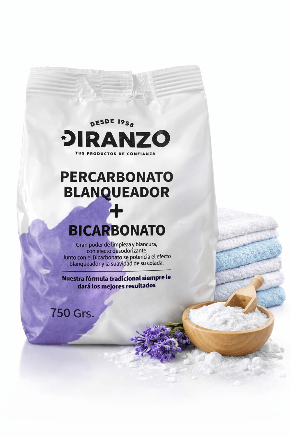 Percarbonato Blanqueador Diranzo, Percarbonato Sódico 750g, 100% Puro, Quitamanchas, Higienizante, Apto Ropa blanca y Color, Elimina manchas difíciles y olores, Alarga la vida de la Lavadora
