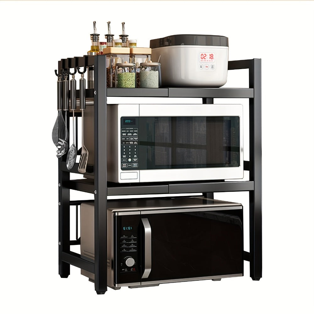 Estante de microondas resistente de 3 niveles ajustable, estante de almacenamiento horizontal para cocina, estante para guardar cubiertos, material de acero al carbono negro mate, equipado con 6 ganchos, artefacto de almacenamiento multifuncional de doble