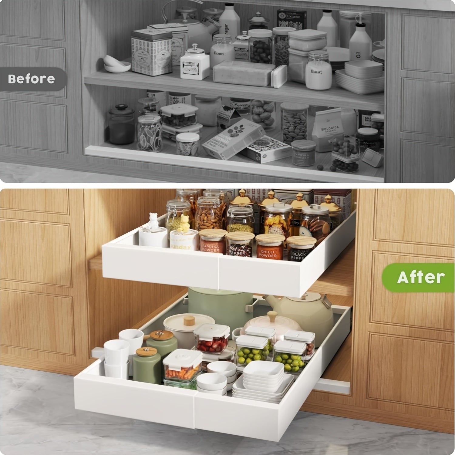 Gabinetes de Cocina Deslizantes con Cajones Extraíbles, 1 Paquete de Estantes Deslizantes de Almacenamiento, Estantes Reforzados de Acero al Carbono para Despensa de Alimentos, Cestas Deslizantes para Fregadero Sin Perforación, Estantes de Gabinete de Fác