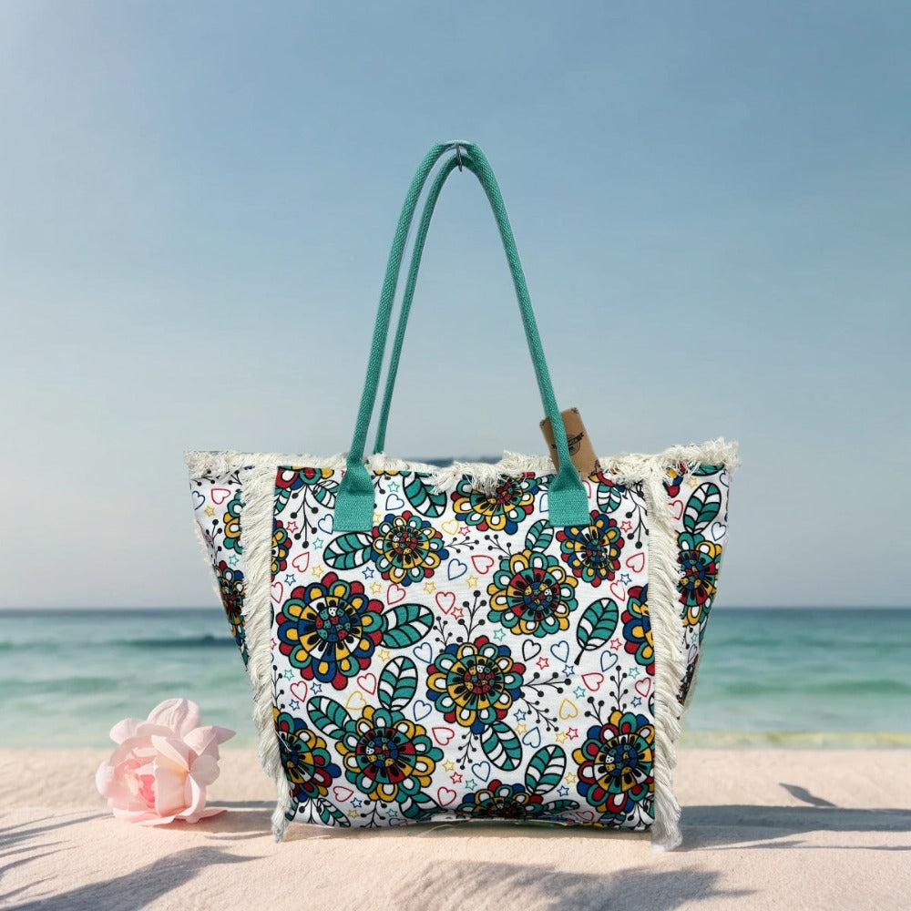 MEJORADA Bolso de Playa Grande con Estampado Colorido y Flecos, Estilo Tote con Forro Interior, Tamaño 55x35x20 cm - Ideal para Playa, Piscina y Viajes