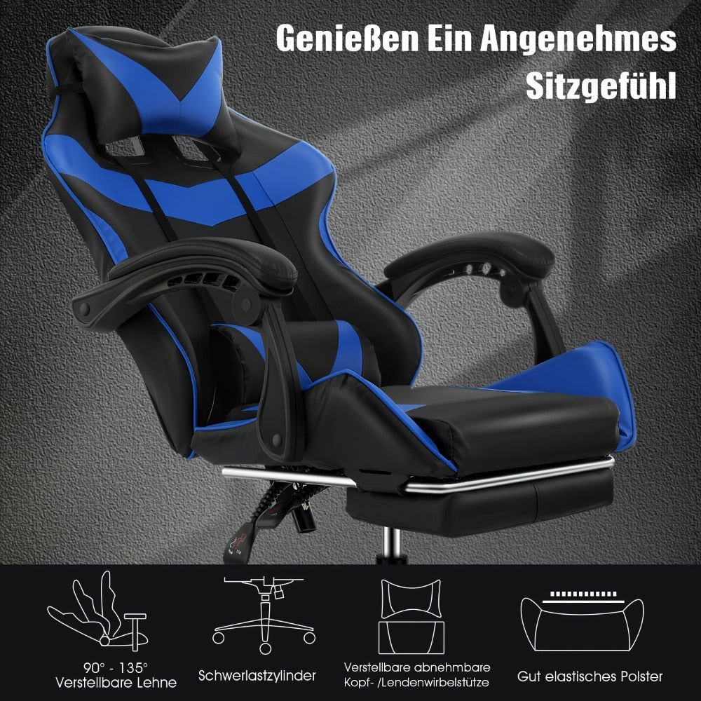 Silla Gaming, Silla de Ordenador con Cojín Lumbar, Reposacabezas, Reposapiés, Silla de Oficina Gaming Ajustable en Altura para Adultos, Niñas, Niños