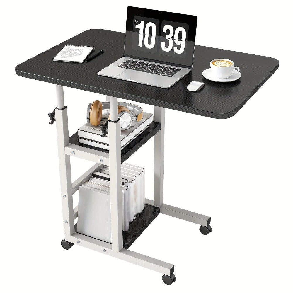 Escritorio Portátil de Madera Moderno con Altura Ajustable y Almacenamiento Multinivel - Estación de Trabajo para Hogar Ahorradora de Espacio con Ruedas, Soporte para Laptop y Función de Mesita de Noche Ideal para Trabajadores Remotos