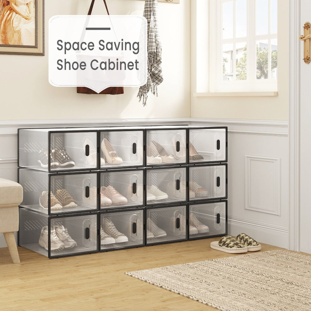 Caja de zapatos apilable, caja de zapatos con puerta magnética, caja de plástico para guardar zapatos, organizador de zapatos plegable para tamaños inferiores a 42, 35X19X25 cm