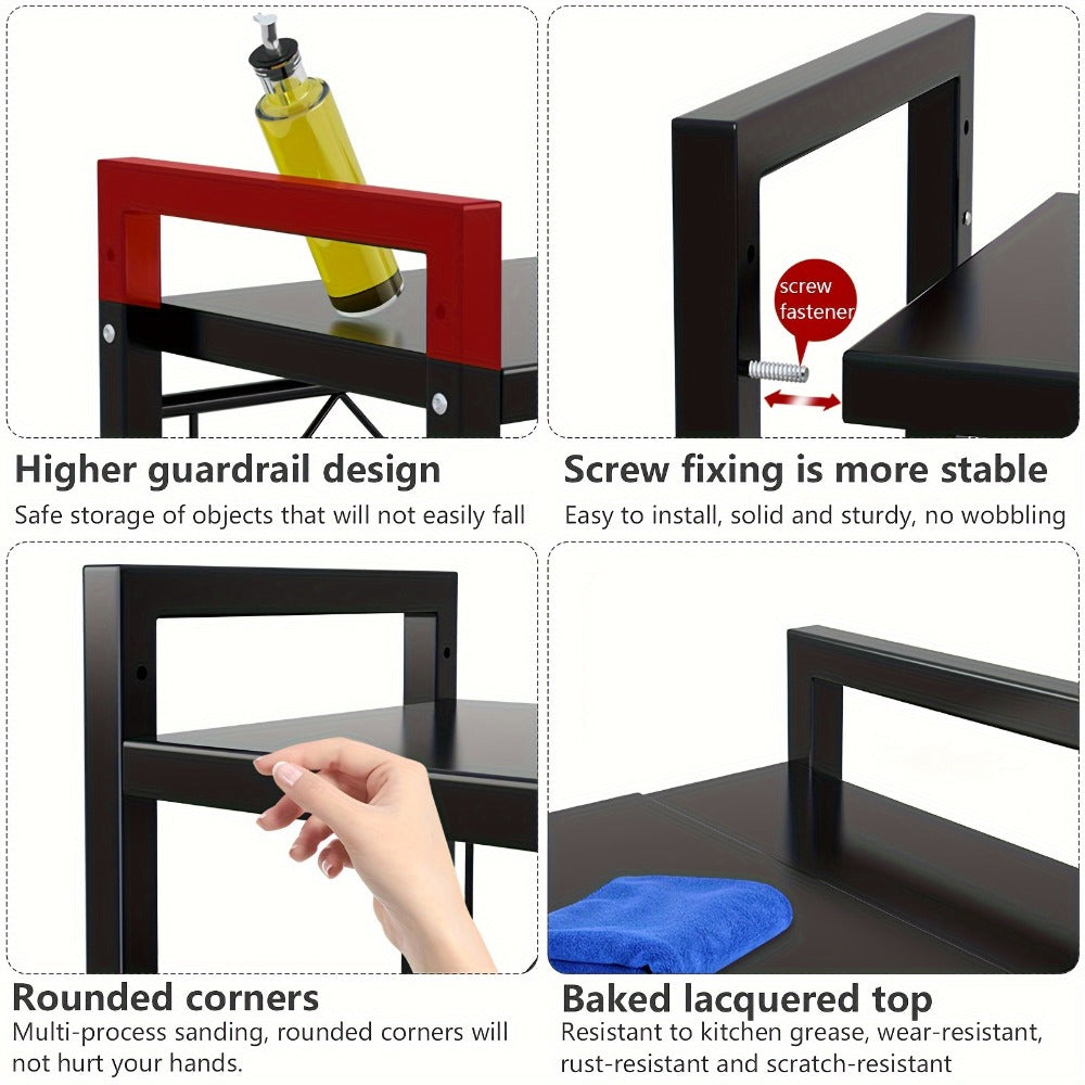 Estante de microondas resistente de 3 niveles ajustable, estante de almacenamiento horizontal para cocina, estante para guardar cubiertos, material de acero al carbono negro mate, equipado con 6 ganchos, artefacto de almacenamiento multifuncional de doble
