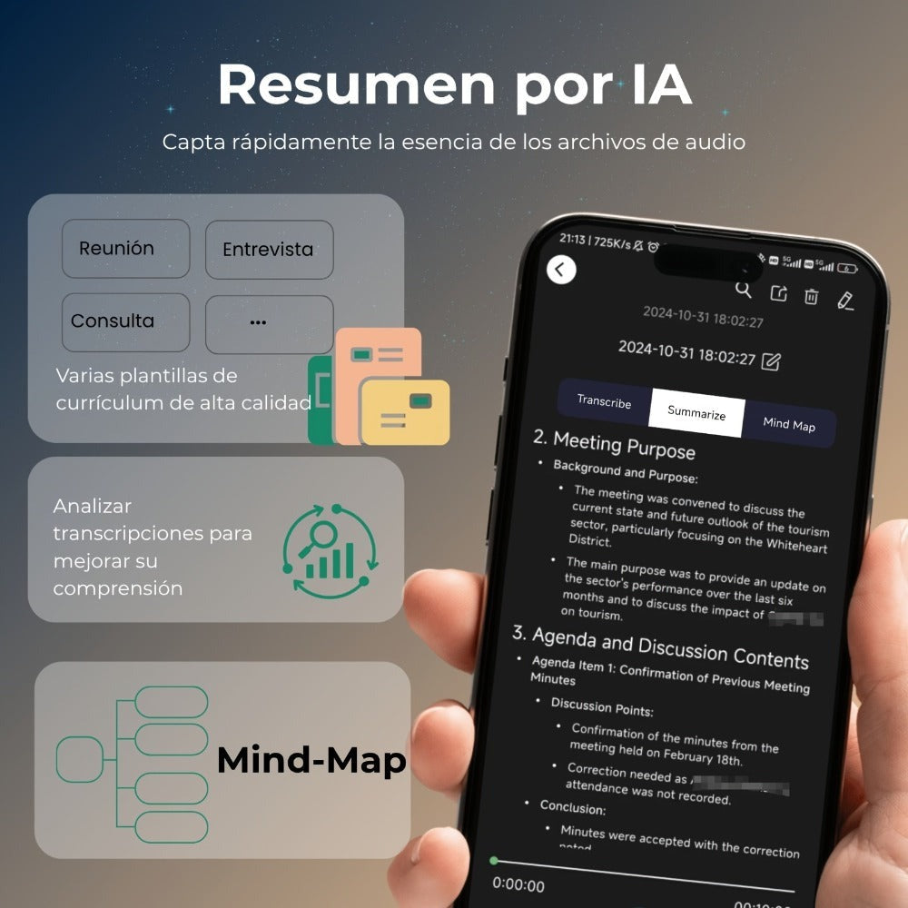 Grabadora de Voz con APP para Transcripción AI, Resumen GPT-4o, Traducción, Mapeado Mental, 64GB de Almacenamiento y Diseño Magnético, Ideal para Llamadas, Clases y Reuniones, por FoCase Rec