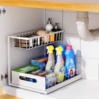 Organizador de Doble Capa para Debajo del Fregadero - Estante de Almacenamiento Extraíble de Plástico Resistente, Diseño Impermeable y Antioxidante que Ahorra Espacio, Adecuado para Cocina, Baño, Despensa, Lavandería - Fácil de Instalar