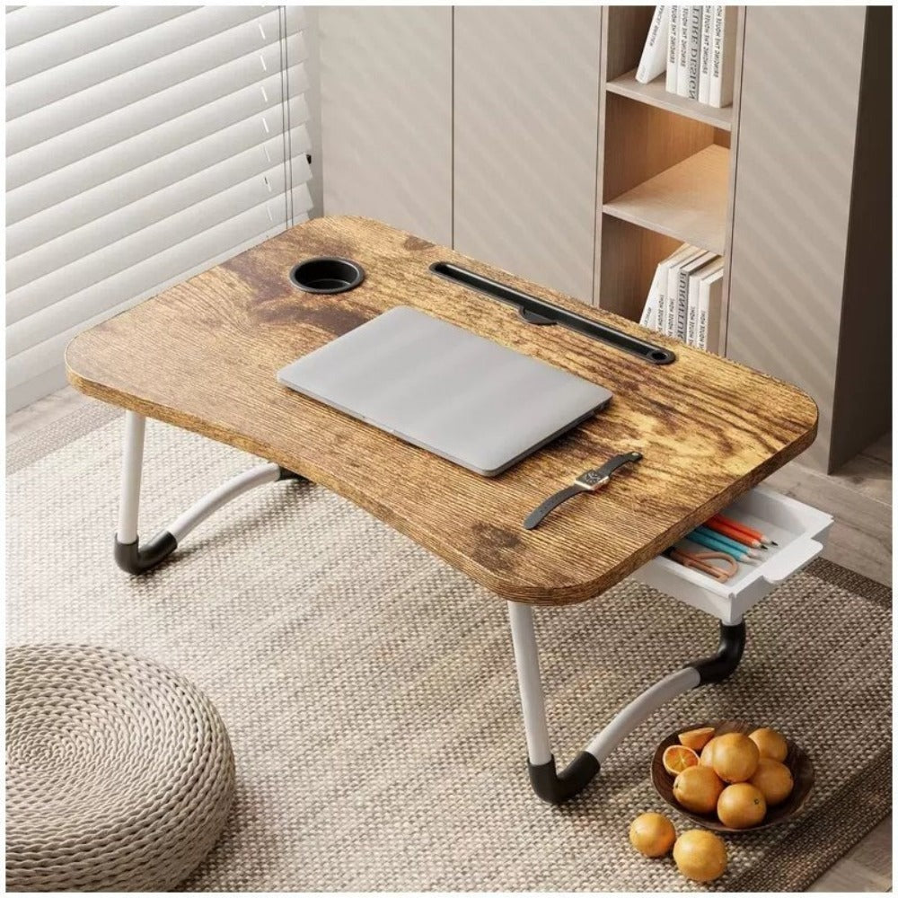 Mesa plegable multifunción para cama y sofá con portavasos, 60×40×28 cm, mesa auxiliar con atril para leer en la cama, bandeja multifunción para ordenador, libros, trabajo y estudio en casa (con cajón / sin cajón)