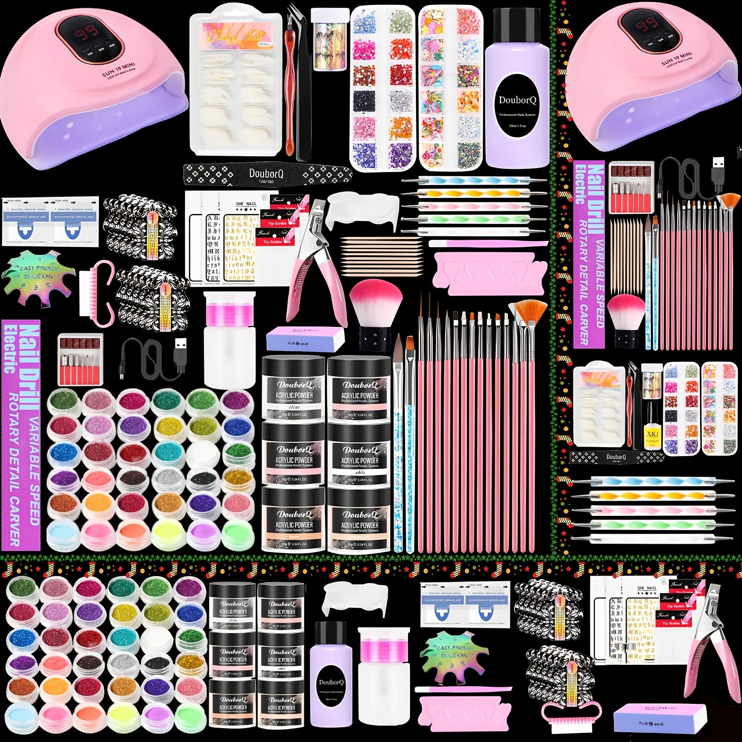 Kit de acrílico para principiantes con colores nude, transparente y rosa intensa, incluye herramientas para uñas, polvo de acrílico con glitter, líquido acrílico, lámpara LED y juego de taladro para extensión de uñas