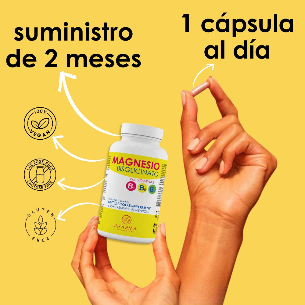 Magnesio bisglicinato con Vitamina B5, B6 y B1 – Suplemento de 60 cápsulas con 250 mg de bisglicinato de magnesio (2 meses)