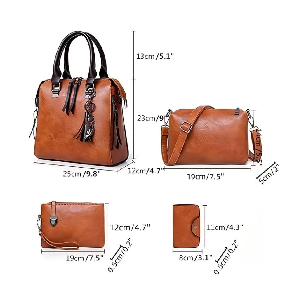 Conjunto de 4 piezas de bolsos para mujer, moderno y versátil, incluye bolso tote retro, bolso cruzado de hombro, bolso de mano, billetera, bolso tote grande de PU con cera de aceite, borlas, ideal para el día a día, viajes y como regalo