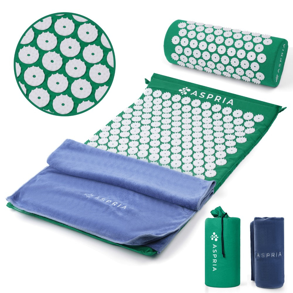 Aspria Set de Acupresión Verde 3/4 Piezas, Colchoneta de Acupresión y Almohada de Acupresión, para que te Relajes Cuerpo y Mente. Colchoneta de Acupresión Verde + Toalla Gruesa + Bolsa de Almacenamiento. MGY-S3-004