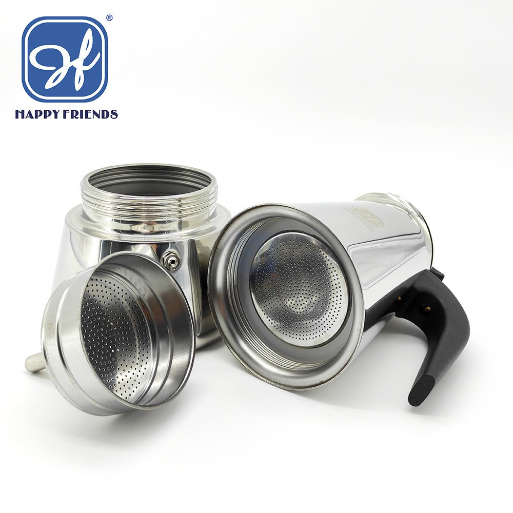 Cafetera Italiana Espresso de Acero Inoxidable para Inducción Vitro Gas Eléctrica. Cafetera de distintos tamaños 2/4/6/10 Tazas - Happy Friends