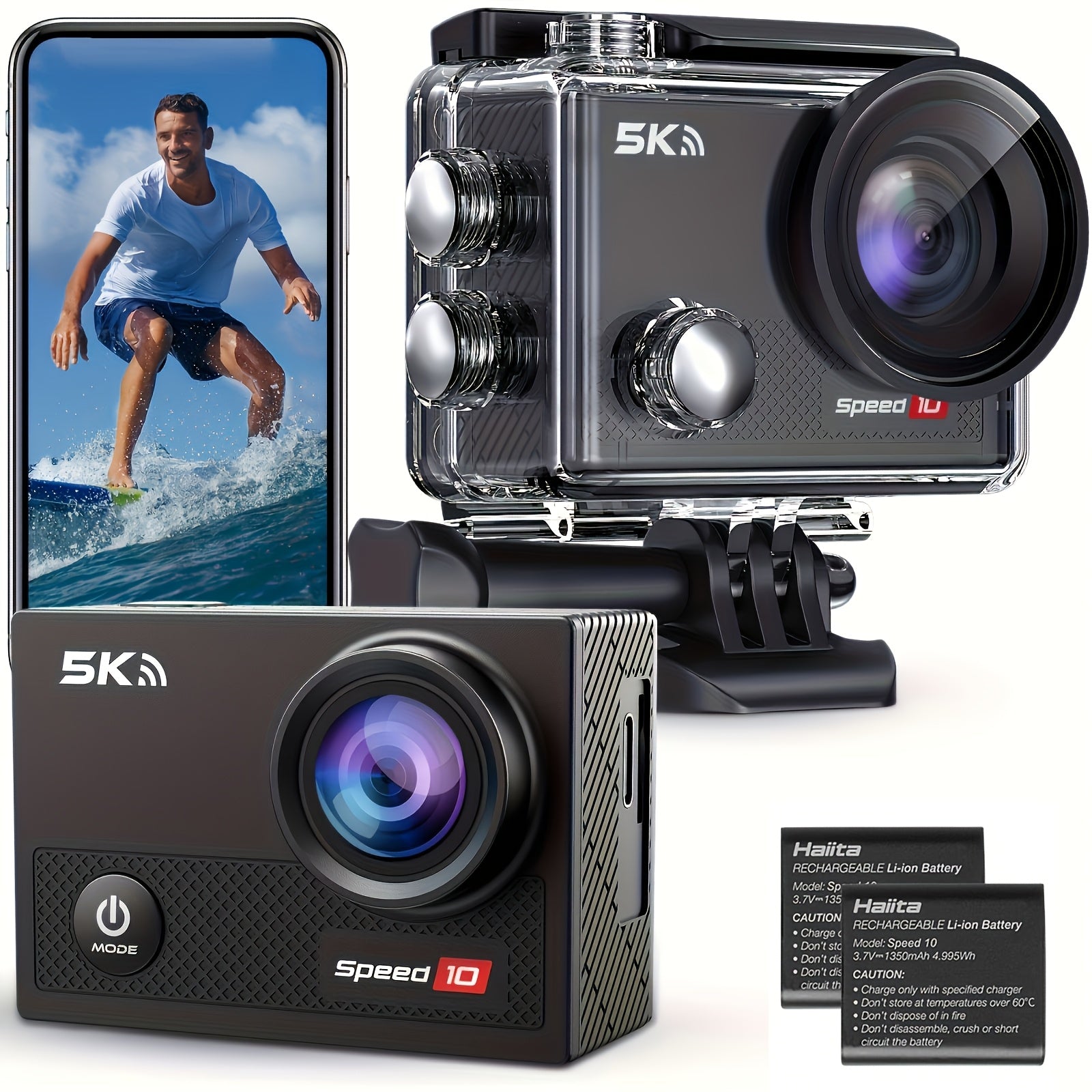 Cámara de Acción 5K Ultra HD, Fotos de 24MP, Pantalla IPS de 2 pulgadas, Con WiFi, Control Remoto por App, Batería de Polímero de Litio de 1350mAh, Modo de Alimentación Dual, Cuerpo de ABS, Con Funda Para Deportes, Vlogging y Grabación de Aventuras