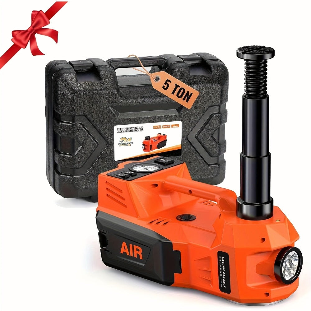 Gato hidráulico de alta resistencia 12V 5T con bomba de inflado de neumáticos y luz LED | Sistema de elevación automotriz (15.5-45Cm de elevación) para cambio de neumáticos de coche, SUV, camión | Herramienta de reparación de garaje