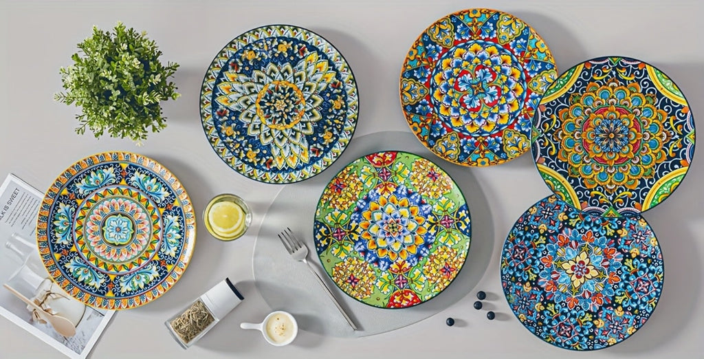 Juego de 6 platos llanos de cena SIMI estilo bohemio de porcelana, juego de platos de desayuno aptos para lavavajillas y microondas