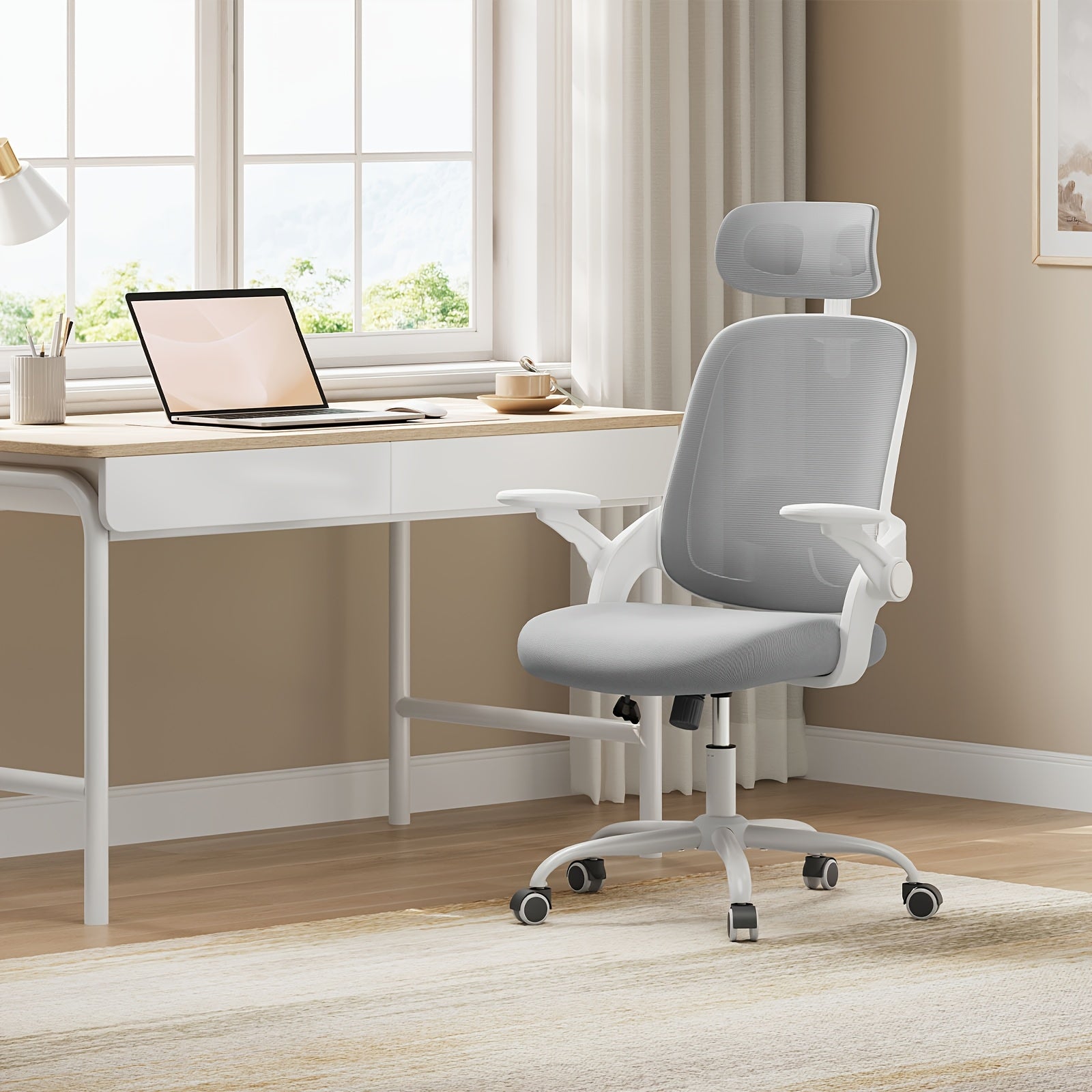Silla de oficina ergonómica, silla de escritorio con reposacabezas ajustable, soporte lumbar, función de balanceo, reposabrazos plegables, silla para oficina en casa, silla de trabajo
