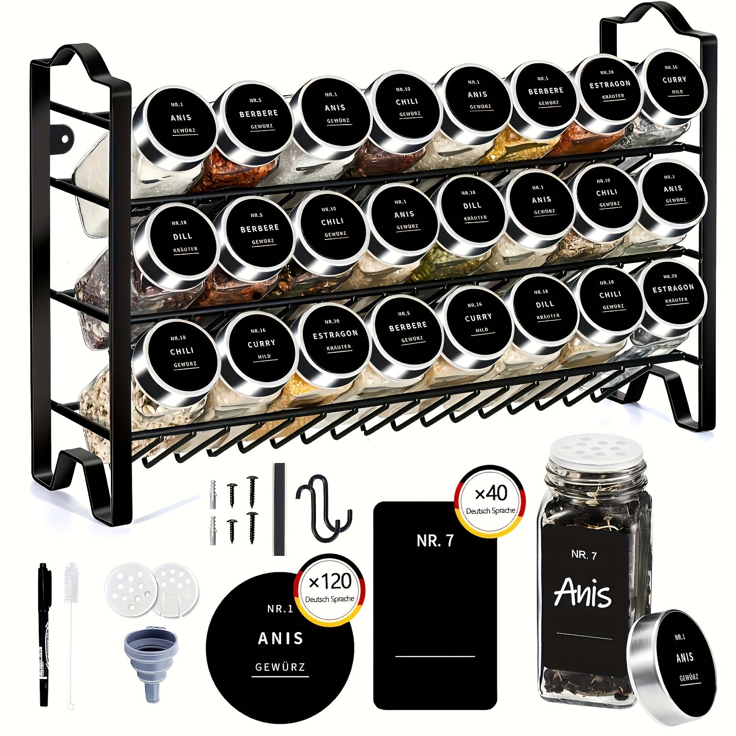 SAEIV Estante Vertical para Especias con Frascos, Un Estante de Pared Dorado de 3 Niveles para Especias con 24 Frascos de Especias de 120ml, Equipado con Etiquetas Impermeables y a Prueba de Aceite, Embudos, Bolígrafos y Caja de Almacenamiento de Especias