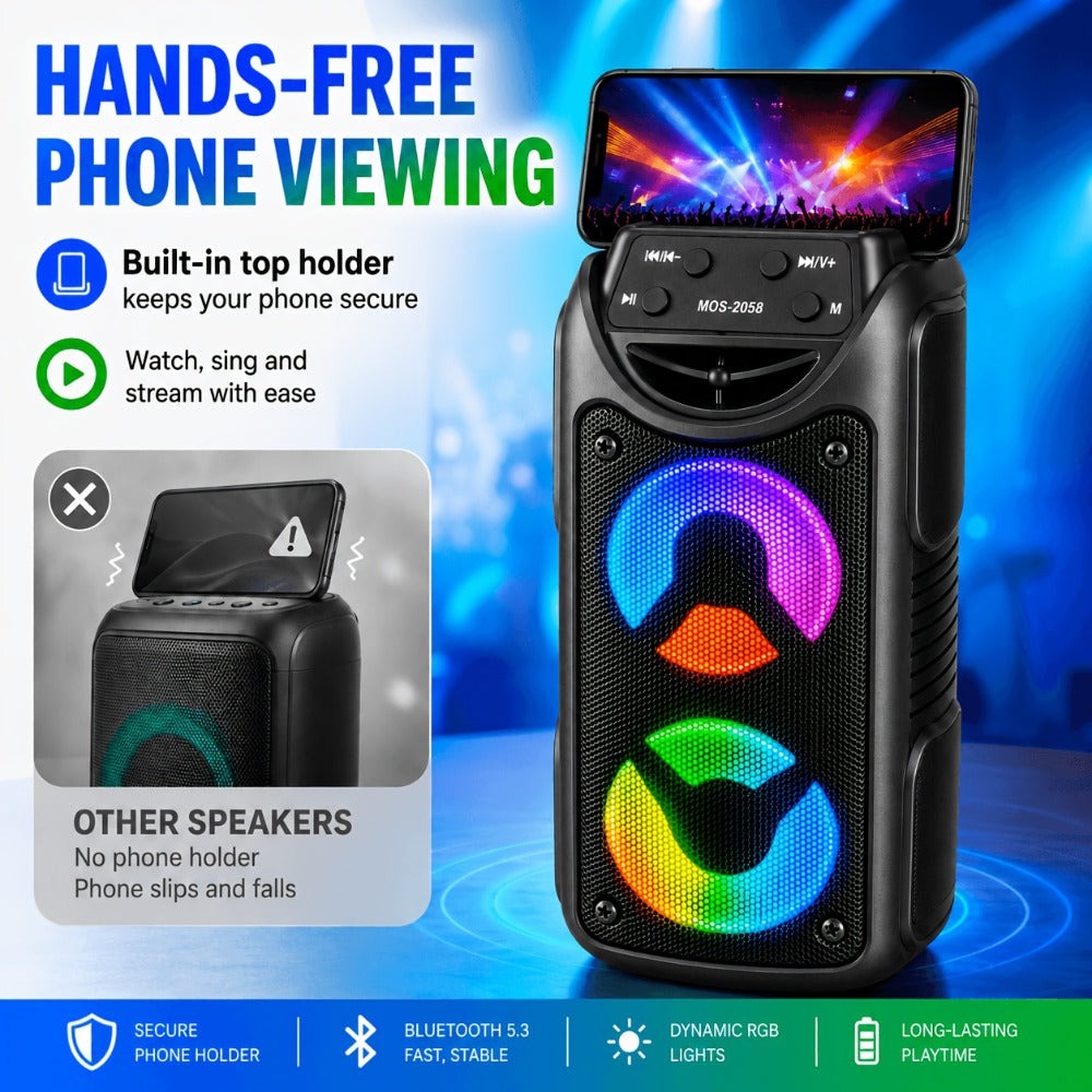 Altavoz inalámbrico portátil para fiestas con altavoces duales de 3 pulgadas, bajos profundos potentes, radio FM, luces ambientales LED y micrófono incorporado, altavoz de exterior de alto volumen para fiestas de verano, barbacoas en el jardín, camping, v