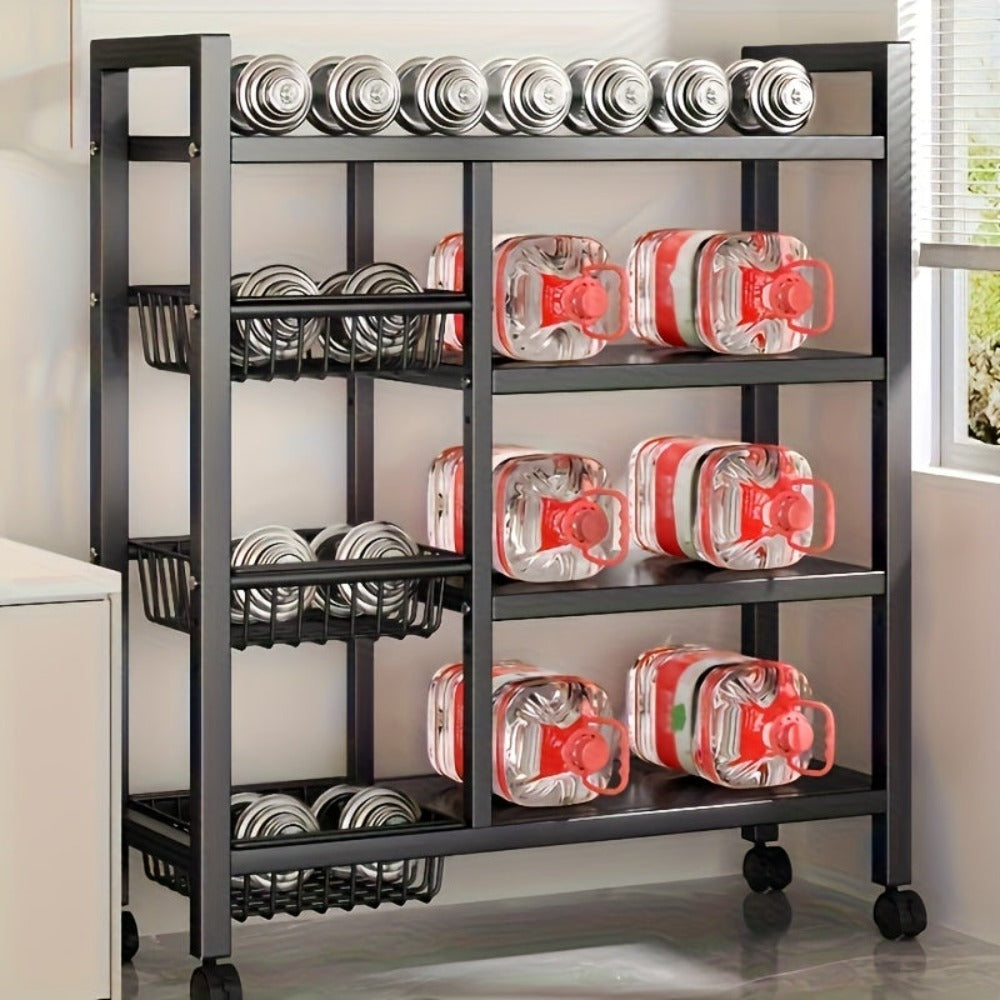 Estante de almacenamiento de metal dorado ajustable de 4 niveles con ruedas y 3 cestas - Estante organizador móvil para cocina, despensa, baño, armario - Diseño rodante para ahorrar espacio, regalo de inauguración y almacenamiento del hogar ()