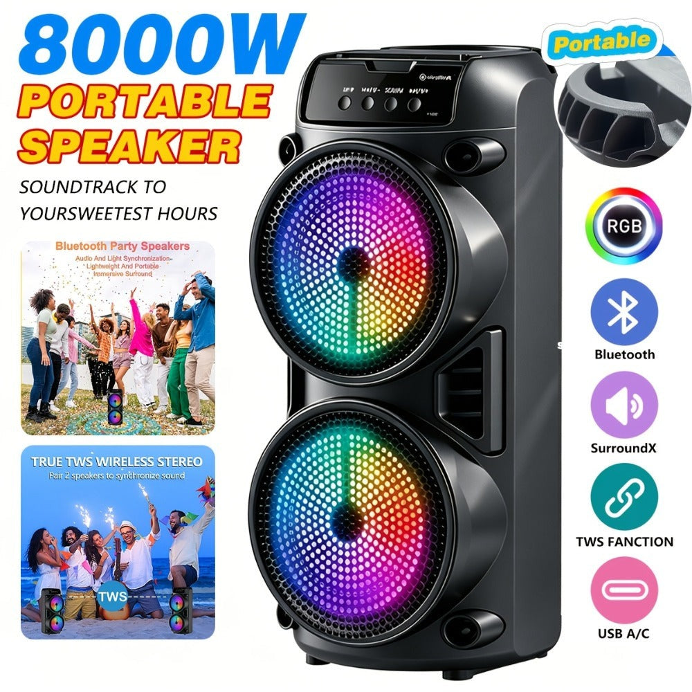 Altavoz Potente de 8000W, Caja de Karaoke Portátil con Luces RGB, Soporta Emparejamiento Estéreo TWS y Micrófono, Compatible con Tarjeta TF/USB MIC FM, Ideal para Fiestas, Exteriores, Camping, Pascua y Año Nuevo Chino