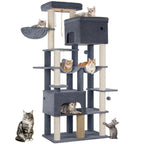Poste Rascador para Gatos 200cm XXL, Incluye 10 Postes Rascadores, 2 Camas para Gatos, 2 Hamacas, Plataforma Grande, Cepillo para Gatos, Cesta, Árbol para Gatos de Alta Resistencia, Adecuado para Maine Coons y Gatos Grandes, Gris Claro, Gris Oscuro, Beige