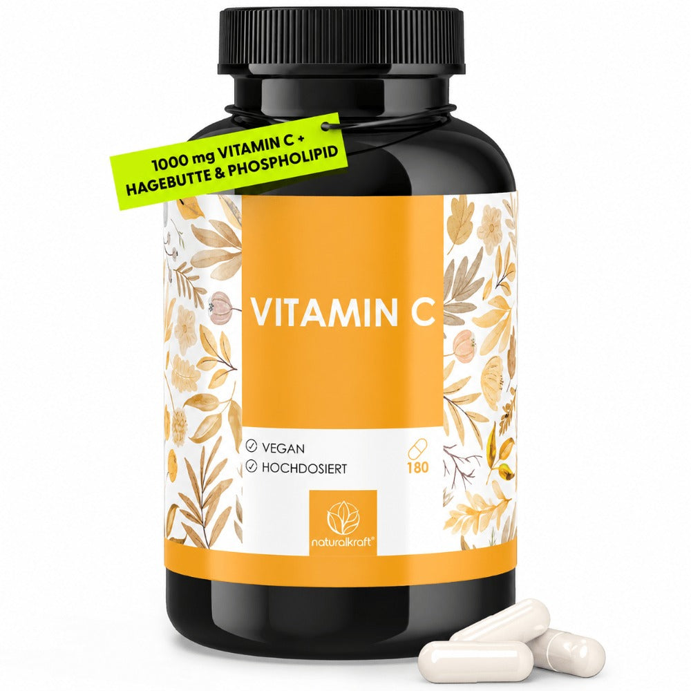 NATURALKRAFT® Premium Vitamina C 1000 Mg Por Dosis Diaria con Polvo de Fosfolípidos de Girasol y Extracto de Rosa Mosqueta - 180 Cápsulas Veganas - Mayor Biodisponibilidad, Probado en Laboratorio y Sin Aditivos.