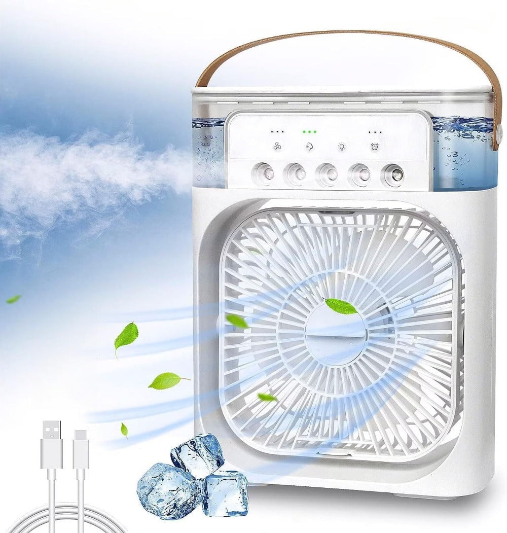 Ventilador humidificador, Mini aire acondicionado portátil 3 en 1, enfriador evaporativo con depósito de 300/500 ml, ventilador personal con temporizador 1/2/3 h, ideal para escritorio y verano, COLOR BLANCO Y NEGRO, ENVÍO ALEATORIO