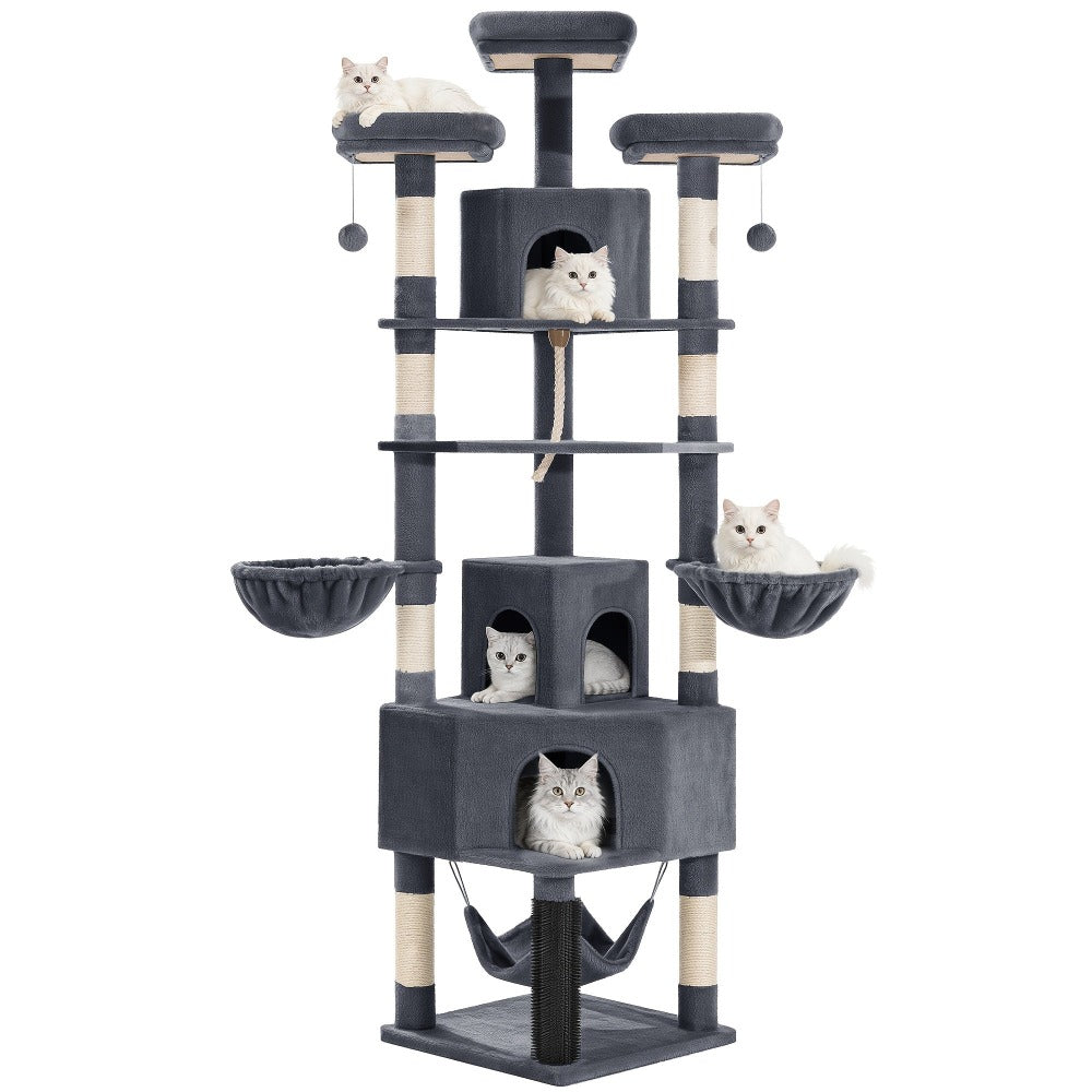 Árbol para gatos de 220 cm de varias capas con 3 casitas para gatos, 3 plataformas, 3 hamacas, 8 postes de sisal, 1 bola de pelo y 1 cuerda de sisal