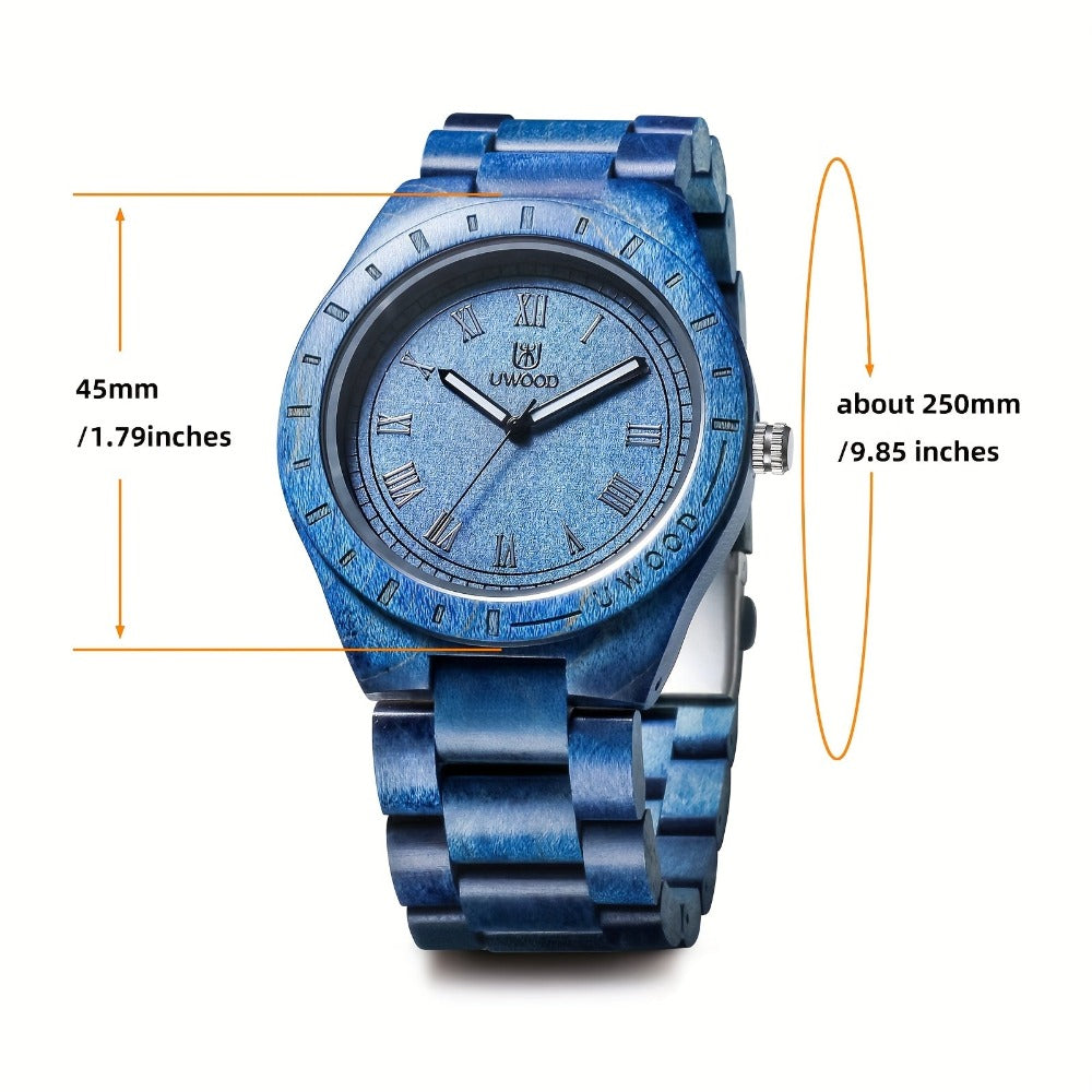 Leeev Reloj de Mano Ligero y Distintivo de Madera para Hombre, Colección Uwood Hecho a Mano de Sándalo Analógico de Cuarzo Vintage con Números Romanos, Reloj de Pulsera de Madera Natural