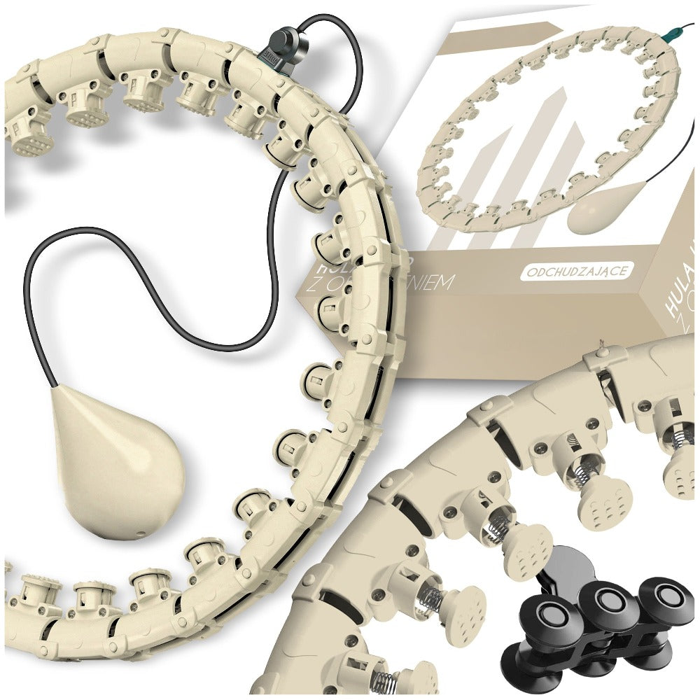Aro de fitness inteligente adelgazante con masajeador con peso en color beige. Dispositivo de ejercicio abdominal y de cintura ajustable con carga de gravedad. Cinturón de entrenamiento modular Smart PRO+ con contador de RPM. 24 segmentos que permiten un