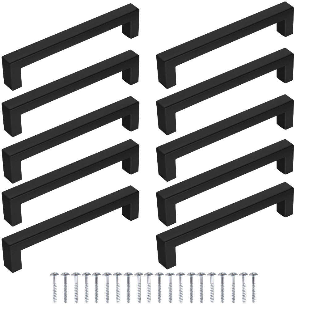 Juego de 10 Tiradores Negros Mate para Muebles, Diseño Cuadrado, Distancia de Agujeros de 128 mm, 160 mm, Modernos y Estéticos para Gabinetes y Cajones, Ideal para Cocina, Baño y Sala – Incluye Tornillos