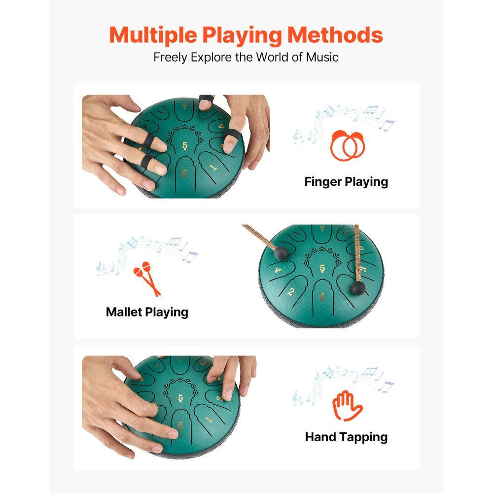 VEVOR Tambor de Lengüeta de Acero, 16.5 cm, 11 Notas, Tambor de Lluvia para Jardín Exterior, Tambores Musicales en Do Mayor con Libro de Música y Baquetas, Instrumento de Percusión para Meditación, Yoga, Educación Musical para Principiantes, Verde